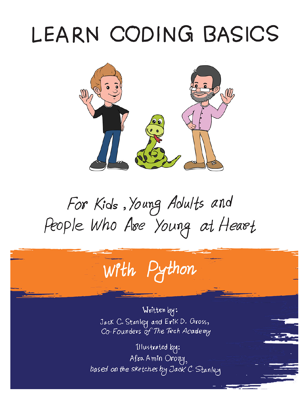 Cover of the book Learn Coding Basics with Python by The Tech Academy, featuring the Python logo and coding illustrations